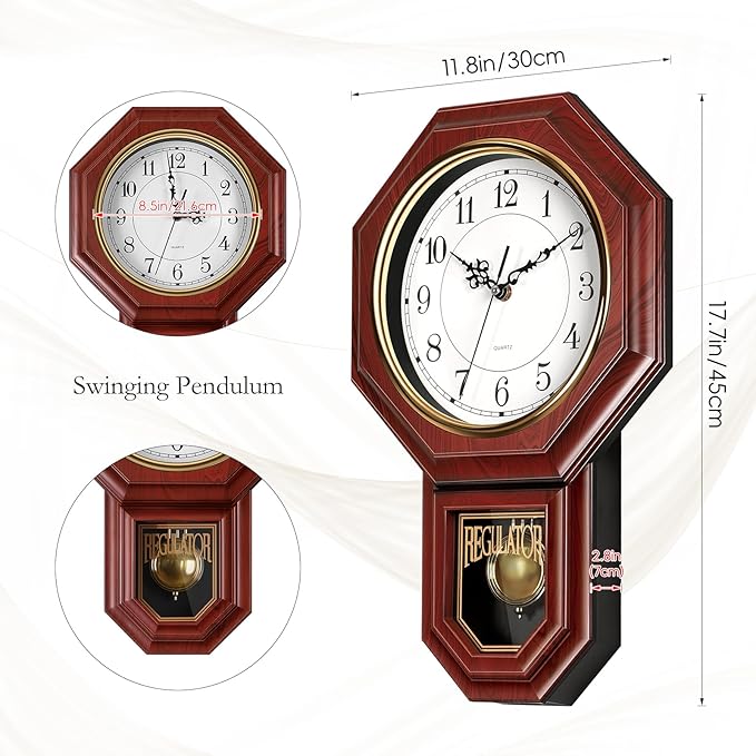 Regulator Wall Clock with Pendulum, Imitation Red Wood Plastic Wall Clock - Image 7