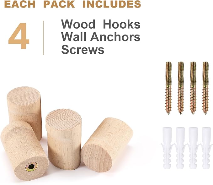 bsdonte Wood Wall Hooks, 4 Pack Natural Wooden Coat Hooks Wall Mounted - Image 6