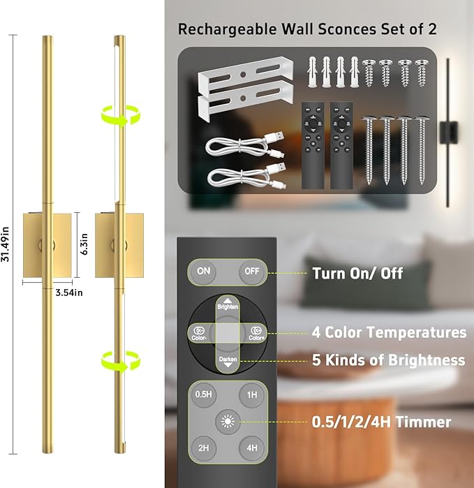 Battery Operated Wall Sconces Set of Two: Dimmable Wireless Wall Lights - Image 8