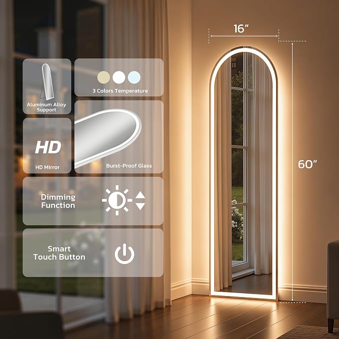 Arched Full Length Mirror with LED Lights, Body Floor Mirrors with Dimming & 3 - Image 4