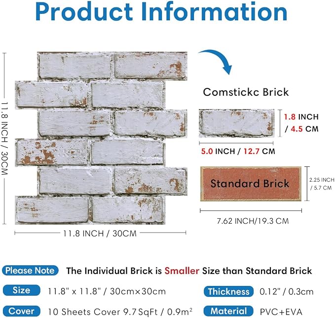 COMSTICKC 3D Faux Brick Wall Panels Peel and Stick, Small Size Self Adhesive - Image 3