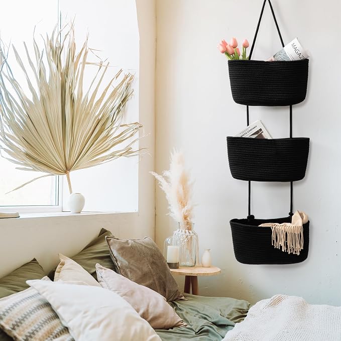 TeoKJ Over the Door Hanging Basket, 3-Tier Woven Cotton Wall-Mounted Storage - Image 4