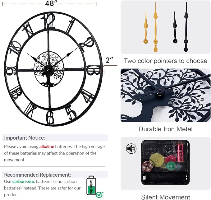 48 Inch Large Wall Clock for Living Room– Black Metal Clock - Image 2