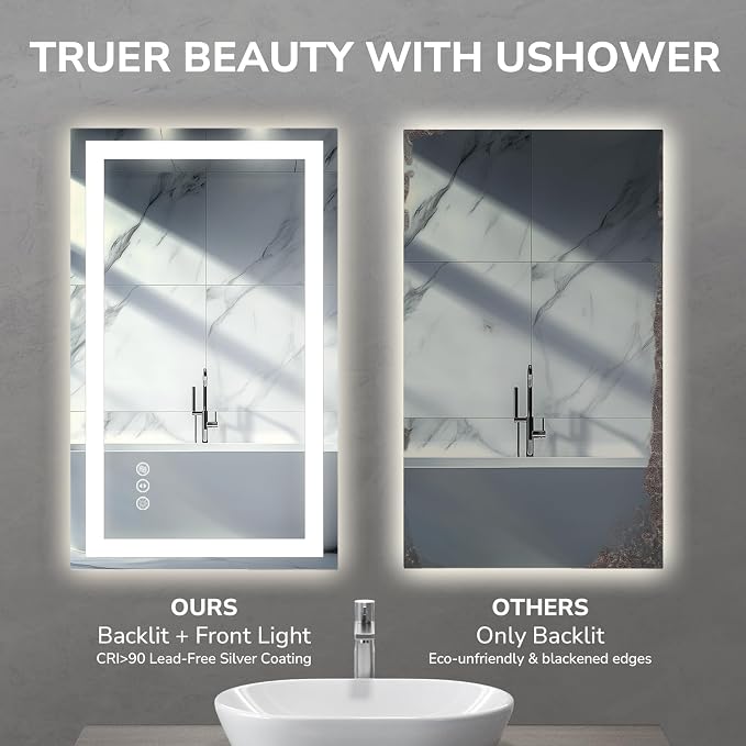 USHOWER LED Bathroom Mirror 40x32 Inch Tempered Glass - Image 5