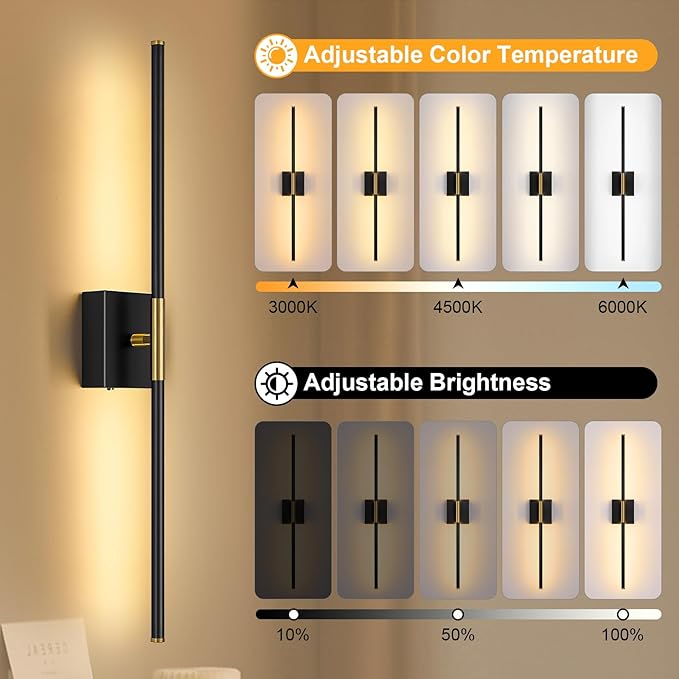Wall Sconces Set of Two with Remote Control 29.1 in Dimmable Black Gold Battery - Image 3