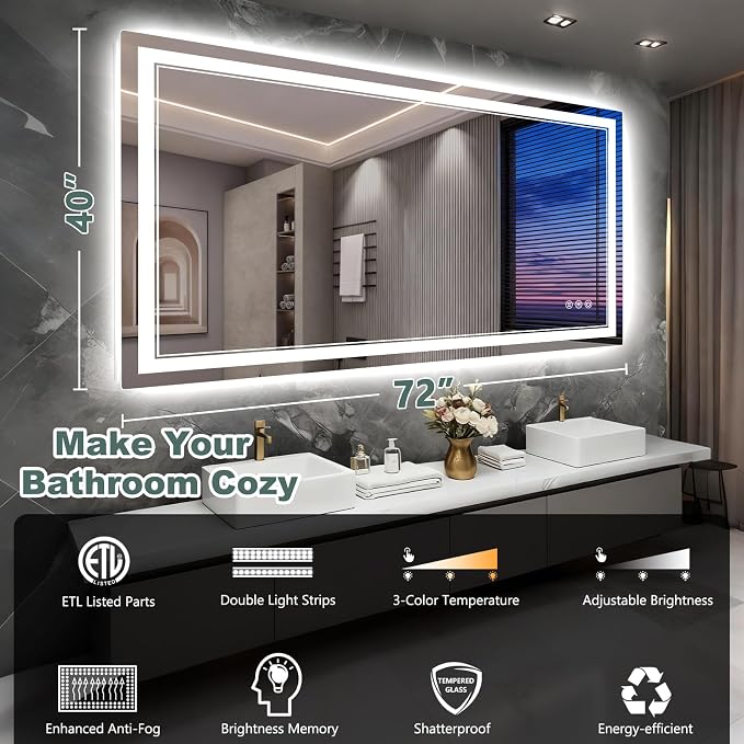 72x40 Inch LED Bathroom Mirror - Image 2