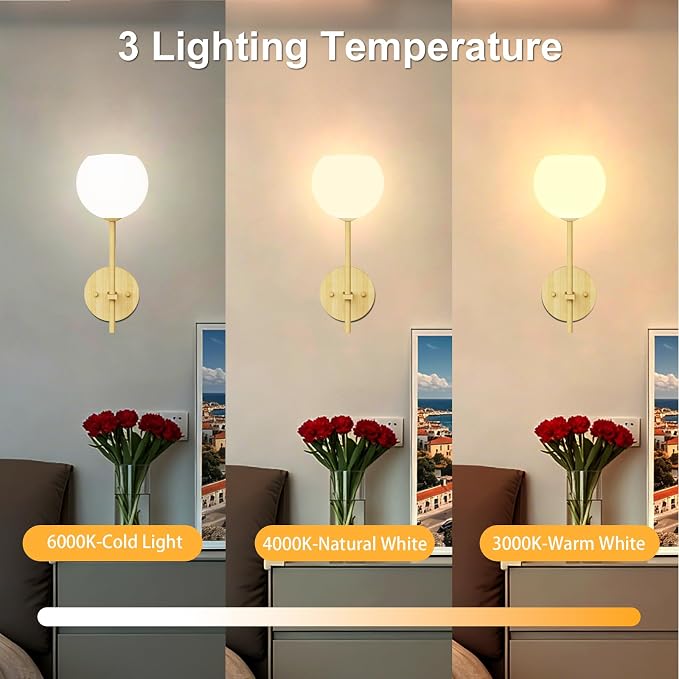 Wood Grain Battery Operated Wall Sconces Set of 2, Rechargeable Wireless Wall - Image 4