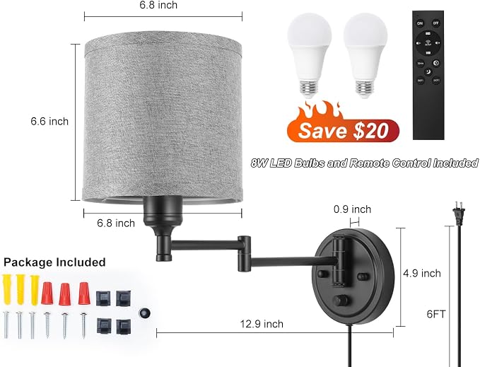 Plug in Wall Sconces with Remote Control, Dimming 10%-100% & Adjustable Colors - Image 6