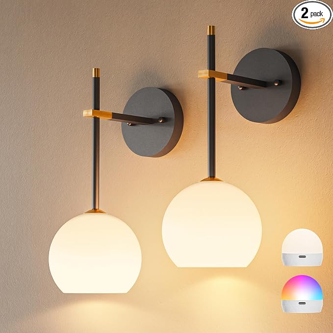 Black Gold Battery Operated Wall Sconces Set of 2, Rechargeable Wireless Wall by KeepShinning