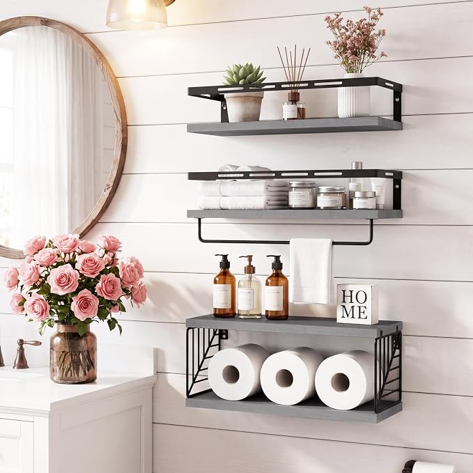 Fixwal Wall Mounted Bathroom Shelves Over Toilet, Rustic Wood Floating Shelves - Image 4