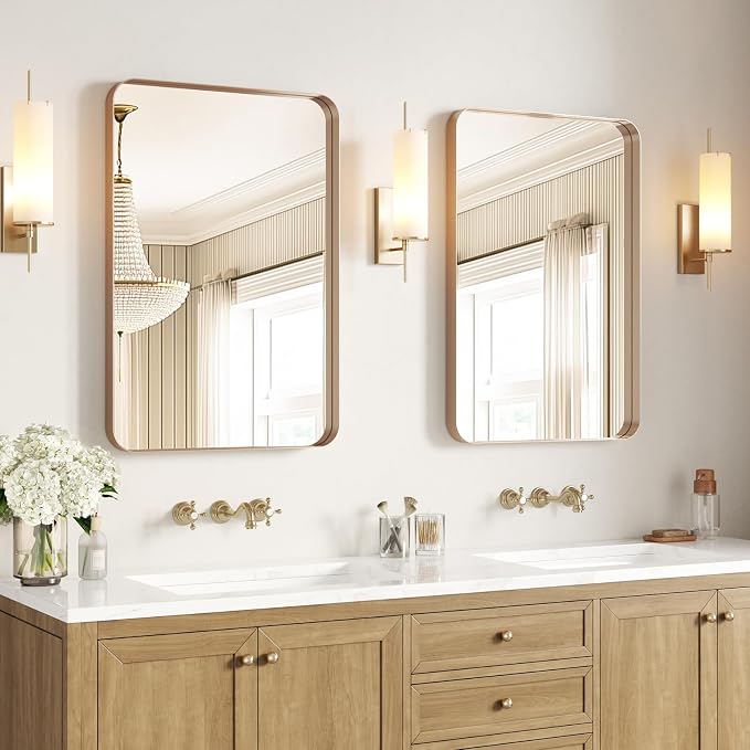 USHOWER Gold Bathroom Mirrors 24"x36" 2 Pack, Brushed Gold Rectangle Mirrors - Image 8