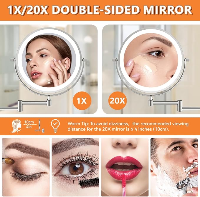 Auxmir 8'' Wall Mounted Lighted Makeup Mirror, 3200mAh Rechargeable - Image 3