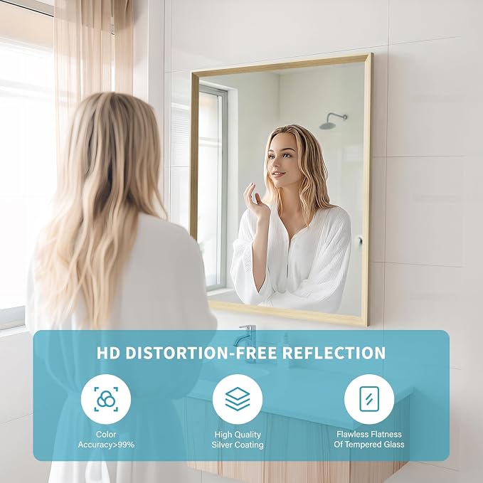 Oak Wood Effect Framed Wall Mirror, 24x32 Rectangle Mirror, 1/8" - Image 3