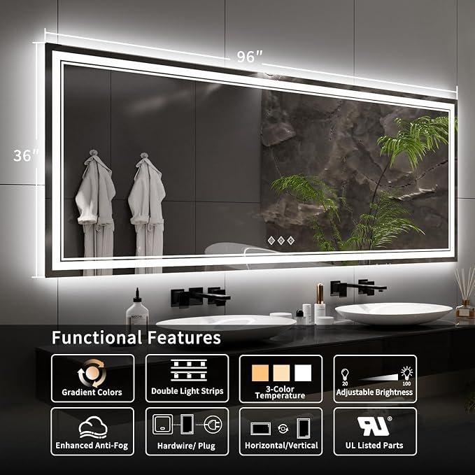 Bathroom Mirror with Lights, 96x36 Inch Gradient Front and Backlit Big Lighted - Image 2