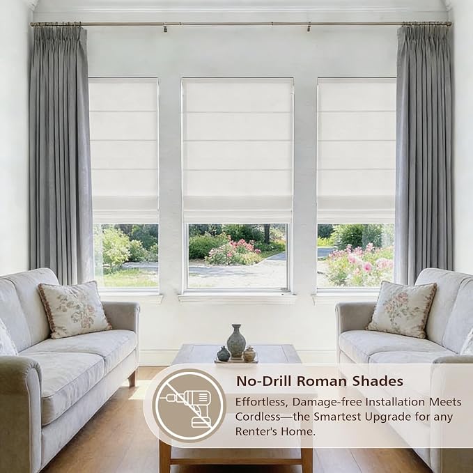 DEJAVU No Drill Cordless Blackout Roman Shades, Linen Textured Privacy Roman - Image 5