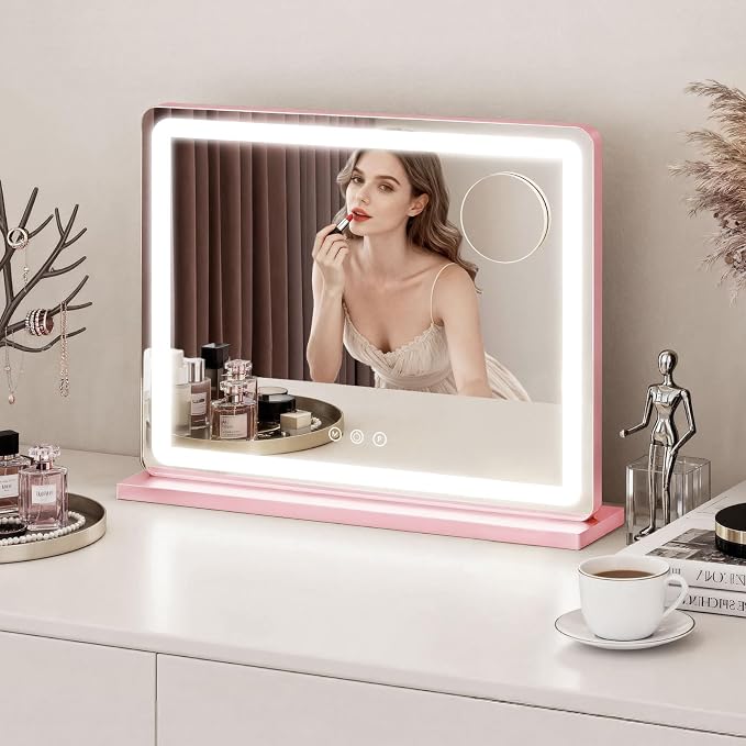 ROLOVE Pink Makeup Mirror with Lights, 23x18 Inch - Image 2