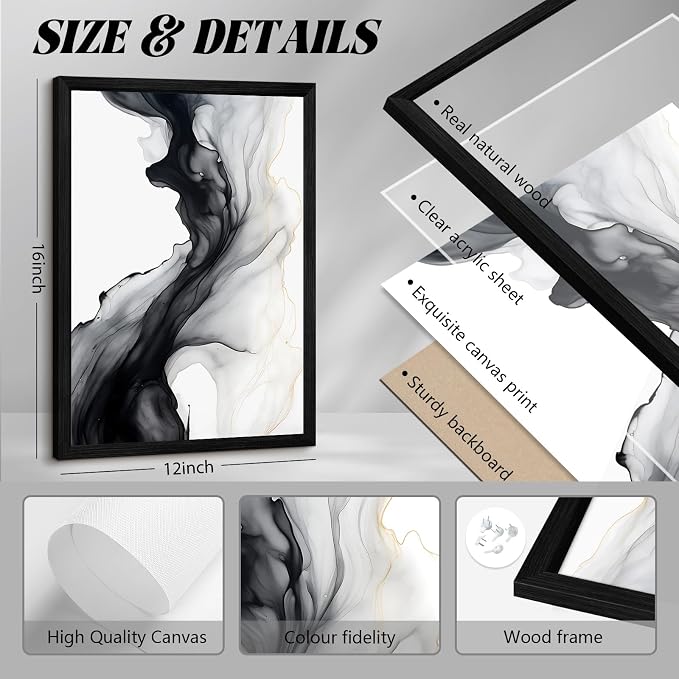 Black White Abstract Wall Art Decor Set of 3 Modern Wall Art Minimalist Canvas - Image 2