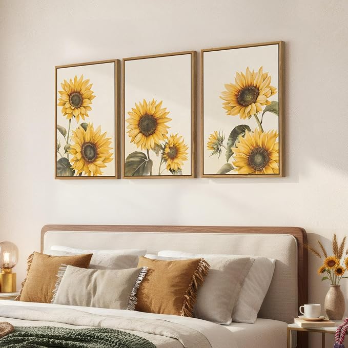 3 Piece Large Framed Floral Sunflower Wall Art by MXART