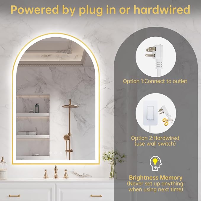 24"x36" Arched LED Mirror for Bathroom, Brushed Gold Lighted Bathroom Mirror - Image 6