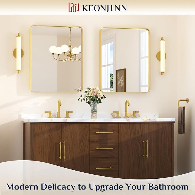 Keonjinn Gold Bathroom Mirrors for Over Sink, 24” x 30” Rounded Rectangle - Image 2
