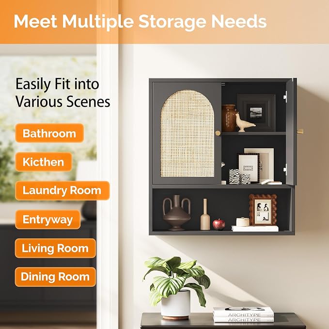VINGLI Black Rattan Medicine Cabinet Wall Mounted, Arched Modern Farmhouse - Image 7