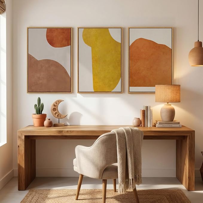 Framed Orange Abstract Boho Wall Art Bedroom, 3 Piece Neutral Mid Century - Image 4
