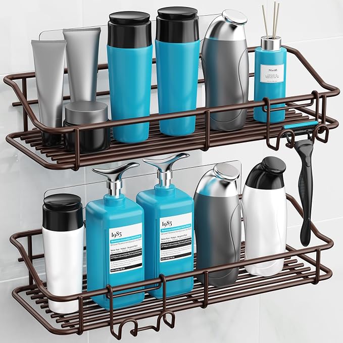 Nieifi Shower Caddy Shelf with Hooks Storage Rack Organizer Adhesive Stainless - Image 3