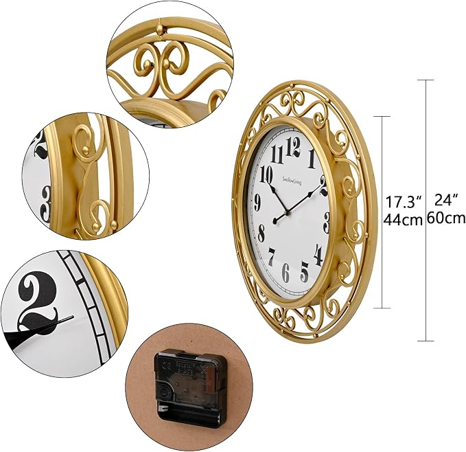 SwallowLiving 24 Inch Vintage Iron Large Metal Frame Gold Wall Clock Silent - Image 3