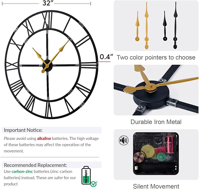 32 Inch Large Wall Clock for Living Room Decor – Easy-Assembly Silent - Image 2