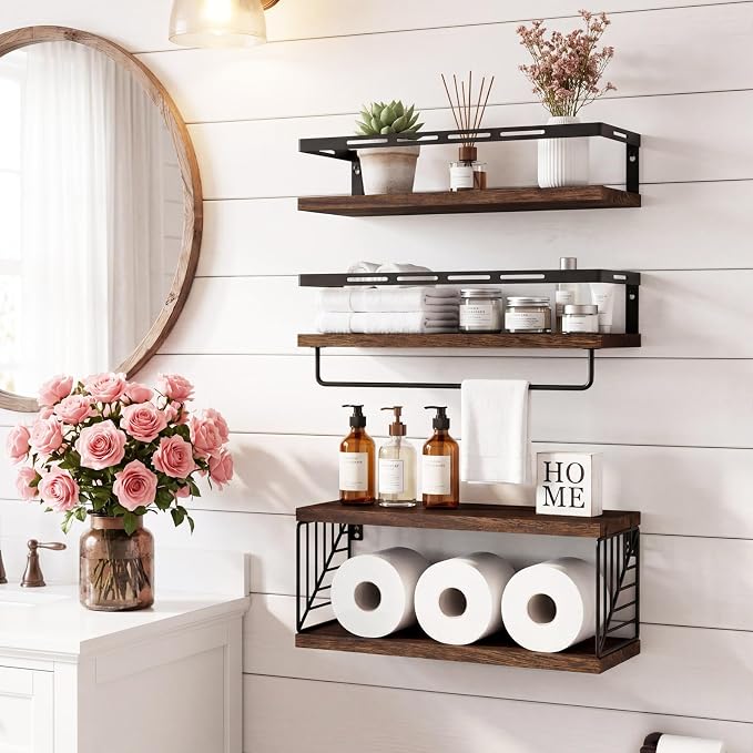 Fixwal Wall Mounted Bathroom Shelves Over Toilet, Rustic Wood Floating Shelves - Image 2