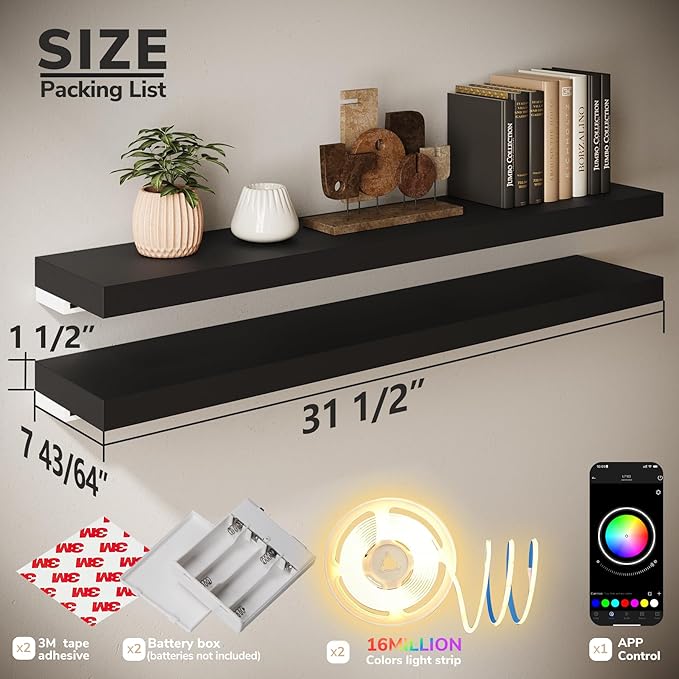 BAMEOS Floating Shelves with RGB LED, Hanging Wall Shelves - Image 2