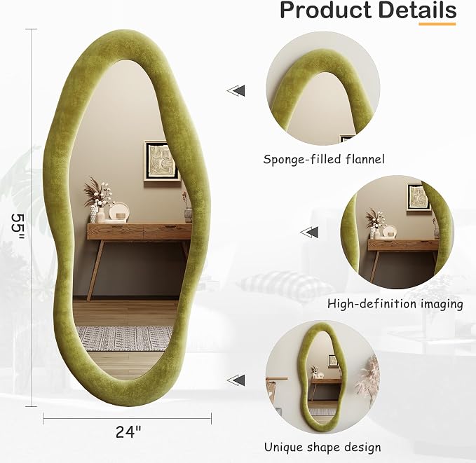 Honyee 55" x 24" Wavy Mirror, Flannel Wrapped Wooden Frame, Irregular Hanging - Image 4