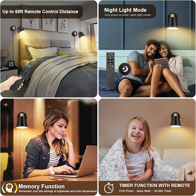 VATONI Wall Sconce Plug in, Remote Control Dimmable Wall Sconces and Adjustable - Image 4