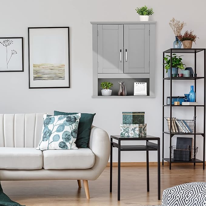 VINGLI Medecine Cabinet with 2 Doors Bathrooom Wall Cabinet Grey Over The - Image 9