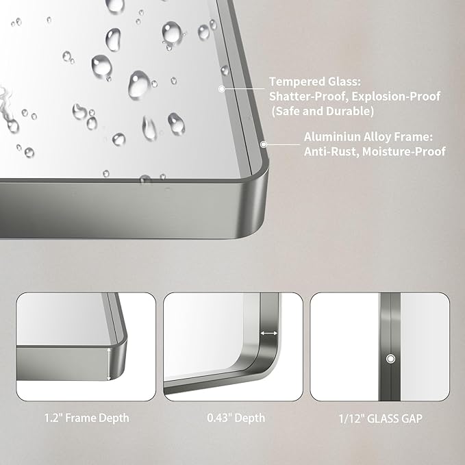 LOAAO 55X30 Inch Brushed Nickel Bathroom Mirror, Rounded Rectangle Silver Metal - Image 5