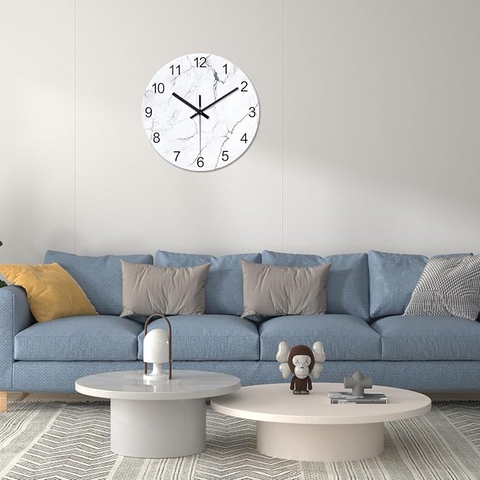 Modern White Marble Glass Wall Clocks Battery Operated 14 Inch Abstract - Image 2