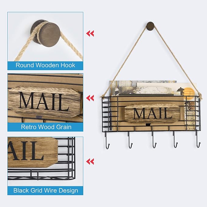 SRIWATANA Mail Holder, Rustic Mail Organizer Wall Mount Hanging Mail Sorter - Image 6
