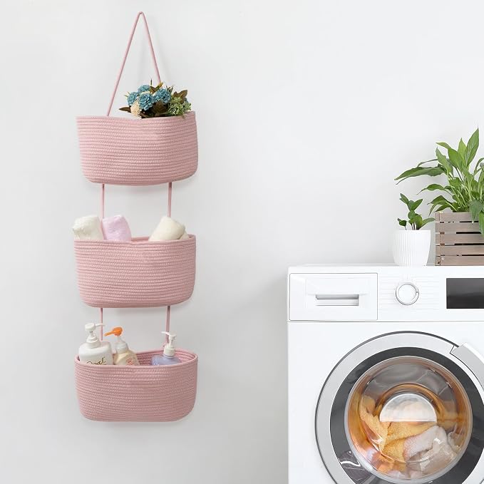 TeoKJ Over the Door Hanging Basket, 3-Tier Woven Cotton Wall-Mounted Storage - Image 8