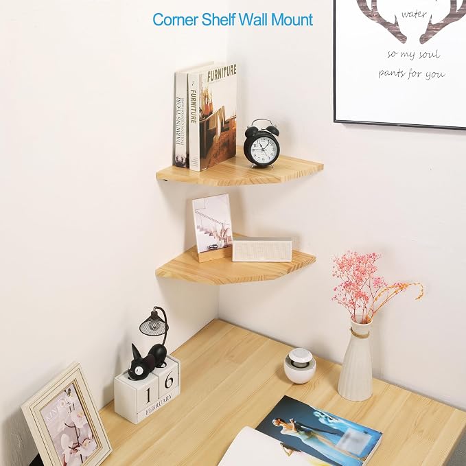 Wood Corner Wall Shelves Set of 2, Solid Wood Corner Floating Shelves, Round - Image 3