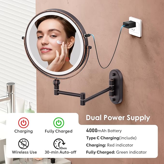 IMIKONA 9" Wall Mounted Lighted Makeup Mirror, 4000mAh Rechargeable Double - Image 4