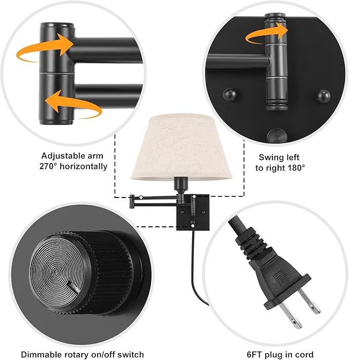 TRLIFE Dimmable Wall Sconce Plug in, Wall Sconces Set of Two Swing Arm Wall - Image 4