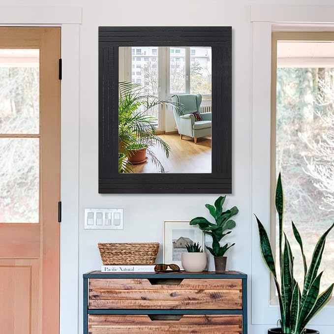 Black Rectangular Vintage Rustic Wood Framed Large Mirror - Image 3