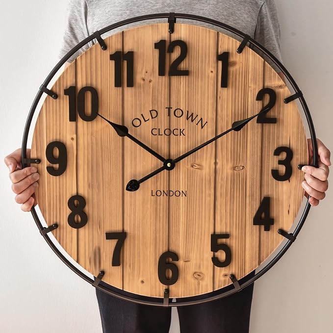 EMAX HOME Large Old Town Farmhouse Wall Clock 24 Inch Rustic Antique Wood - Image 2