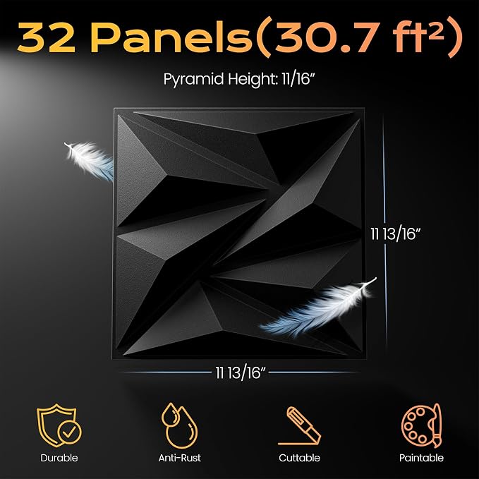 Sonicism Wall Panels Upgrade 32 Pack, 0.7”x11.8”x11.8”Pyramid 3D Wall Panels - Image 5