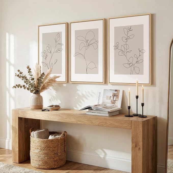 Framed Neutral Botanical Wall Art Set of 3, Minimalist Contemporary Floral Line - Image 2