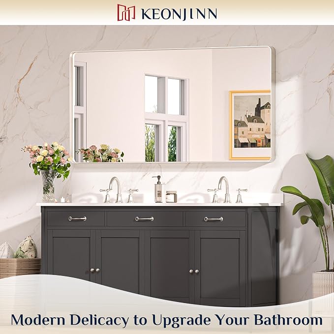 Keonjinn 55 x 30 Brushed Nickel Bathroom Vanity Mirror, Large Rounded Rectangle - Image 2