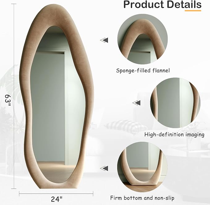 Honyee Full Length Mirror, Flannel Wrapped Wooden Frame Floor Mirror, Irregular - Image 5