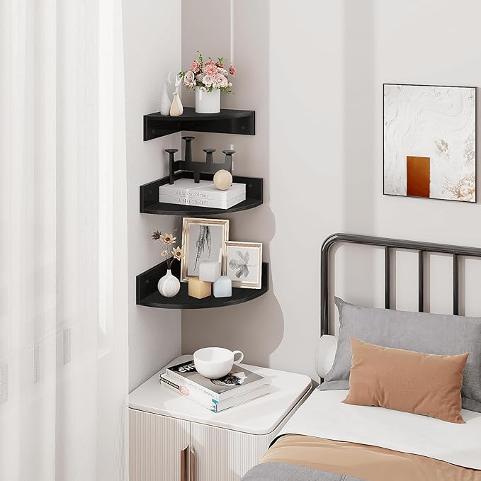 Homode Corner Floating Shelves, 3 Tier Wooden Hanging Corner Storage Shelf - Image 2