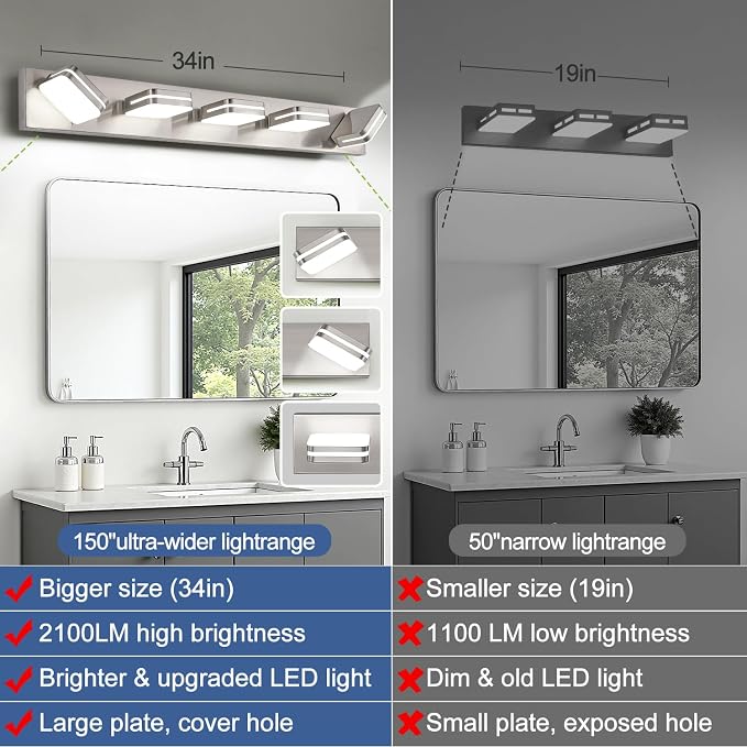 360° Rotate LED Bathroom Vanity Light Fixtures, 2100LM Acrylic Brushed Nickel - Image 6