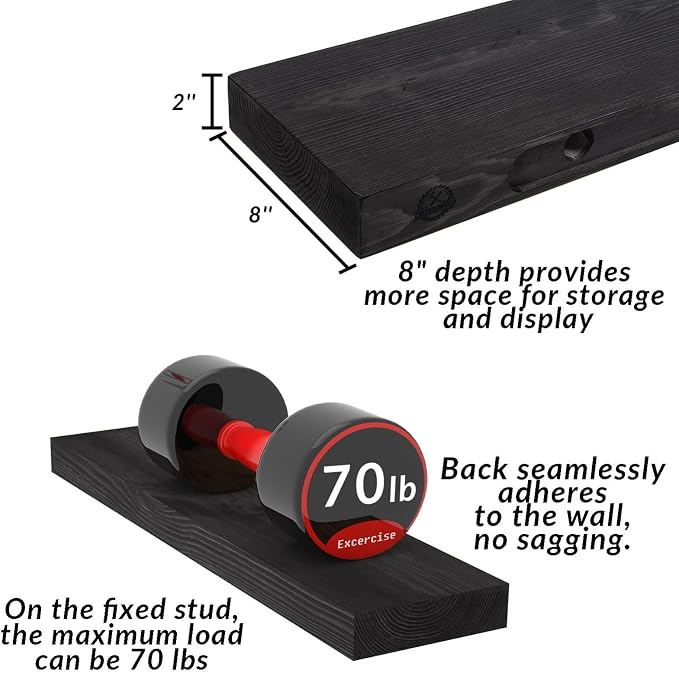 Wood Floating Shelves Set of 2, 36 Inch Long, 8 Inch Deep Solid Wood Wall - Image 3